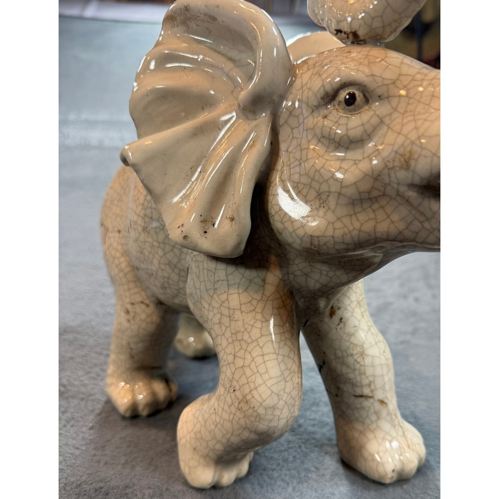 Vintage Ceramic Elephant Figurine Crackle Glaze Lucky Upturned Trunk Off-White - Picture 14 of 16